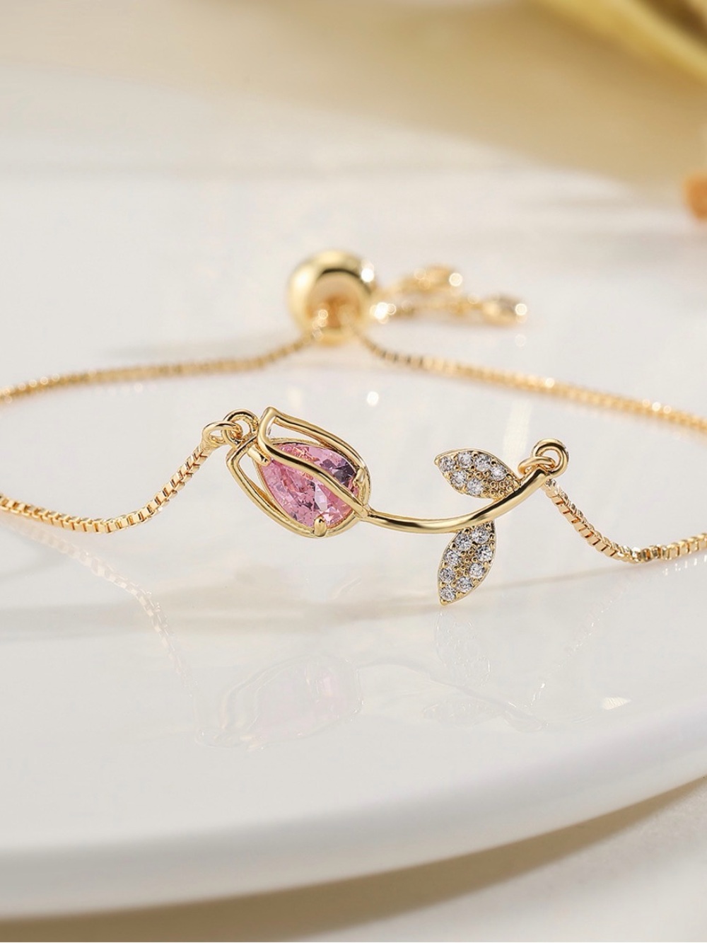 Delicate Pink Tulip Gold Bracelet - Women's Jewelry
